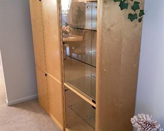 $200 MODERN LIGHT OAK RVC MADE IN BELGIUM ENTERTAINMENT CENTER WITH LIGHTED CURIO CABINET
63.5”L x 20.5”D x 67”H