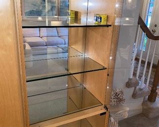 $200 MODERN LIGHT OAK RVC MADE IN BELGIUM ENTERTAINMENT CENTER WITH LIGHTED CURIO CABINET
63.5”L x 20.5”D x 67”H