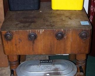 Butcher's block (25 in D x 31  in. W  x 28 in. H, copper boiler, "Swinger" coolers