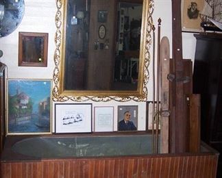 Galvenized bathtub w/ wainscoting from Toledo hotel, wood skis, large mirror, etc...