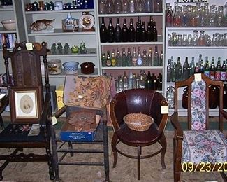 Walnut chair w/ tapestry bottom, barrel chair, rocker, bottle collection