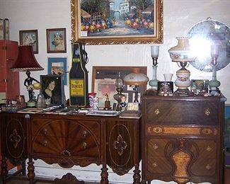 Buffet and dresser, GWTW lamp, oil painting, lamps, etc...