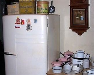 1950's Hotpoint refrigerator, Regulator clock and advertising