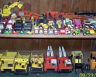 Toy cars and trucks with makers such as Tonka, Buddy L, etc...