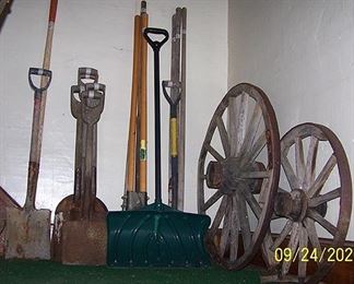 Shovels, wood wagon wheels