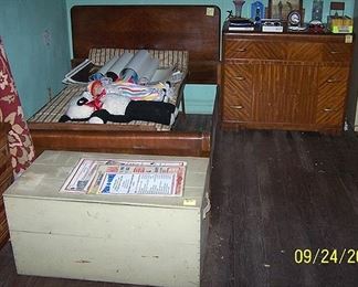 Full size bed, handyman's bed, wood trunk, dresser