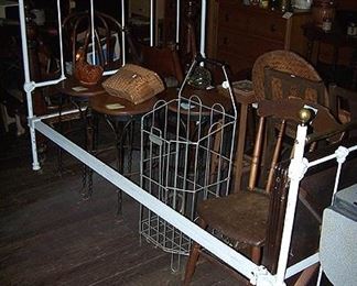 Cast iron and brass bed, stools, chairs, etc...