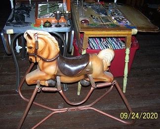 Rocking horse, 1950's drop leaf table, wood primitive drop leaf kitchen table