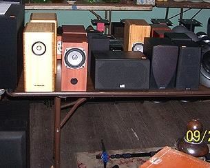 Assorted speakers including JBL, ELAC, Blumenstein, SVS Satellite speakers and more