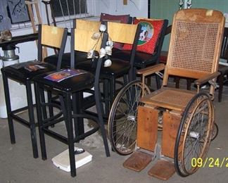 Bar stools, Early wheel chair from St. Mary's in Assumption