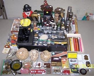 Cast iron banks, razors, geodes, etc...