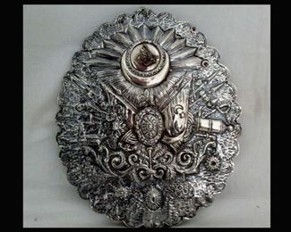Turkish Silver Hanging Mirror with Ornate Detail on One Side 