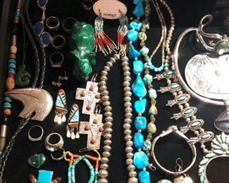 ** Security video surveillance systems are set up at each sale for our clients security and yours. Fine jewelry is removed from property until day of sale.**         All the pretty things are up front with Lila and Linda.. an assortment of&nbsp;Sterling Frames to Costume Jewelry.. .925 Jewelry to 14k, 18k and 22k, Trio 18k Brooch, Concord 18k watch, Judith Leiber Combs, Tory Burch, Dolce and Gabbana, Henri Bendel, Velatti, Elaine Coyne, Estée Lauder decorative compacts, Matt Mitchell, Leslie Block and Elizabeth Showers, James Reid 925 belt, Lagos Caviar, David Yurman, Bent Knudsen, Native American Navajo storyteller KK bracelet, 970 sterling Tuka cuff bangle,&nbsp; Nikken, Elliot Chandler, Dulce, Lalique butterfly pendant, M & J Savitt, Women's Movado watch, Los Ballesteros Cuff bracelet, Zuni, Lupe Romero Taos ring, T. Foree, Vintage Squash blossom, Navajo Helen Chee necklace, W. Dodson Belt buckle, Omar Thompson, Emma Lincoln, Chili Rose, Glass Blue Bird of Happiness Lee Ward 1990, Cinnabar ba