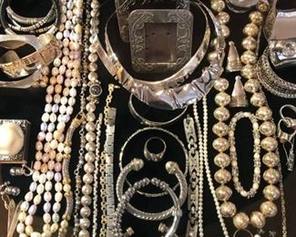 ** Security video surveillance systems are set up at each sale for our clients security and yours. Fine jewelry is removed from property until day of sale.**         All the pretty things are up front with Lila and Linda.. an assortment of&nbsp;Sterling Frames to Costume Jewelry.. .925 Jewelry to 14k, 18k and 22k, Trio 18k Brooch, Concord 18k watch, Judith Leiber Combs, Tory Burch, Dolce and Gabbana, Henri Bendel, Velatti, Elaine Coyne, Estée Lauder decorative compacts, Matt Mitchell, Leslie Block and Elizabeth Showers, James Reid 925 belt, Lagos Caviar, David Yurman, Bent Knudsen, Native American Navajo storyteller KK bracelet, 970 sterling Tuka cuff bangle,&nbsp; Nikken, Elliot Chandler, Dulce, Lalique butterfly pendant, M & J Savitt, Women's Movado watch, Los Ballesteros Cuff bracelet, Zuni, Lupe Romero Taos ring, T. Foree, Vintage Squash blossom, Navajo Helen Chee necklace, W. Dodson Belt buckle, Omar Thompson, Emma Lincoln, Chili Rose, Glass Blue Bird of Happiness Lee Ward 1990, Cinnabar ba