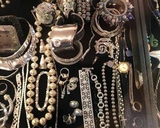 ** Security video surveillance systems are set up at each sale for our clients security and yours. Fine jewelry is removed from property until day of sale.**         All the pretty things are up front with Lila and Linda.. an assortment of&nbsp;Sterling Frames to Costume Jewelry.. .925 Jewelry to 14k, 18k and 22k, Trio 18k Brooch, Concord 18k watch, Judith Leiber Combs, Tory Burch, Dolce and Gabbana, Henri Bendel, Velatti, Elaine Coyne, Estée Lauder decorative compacts, Matt Mitchell, Leslie Block and Elizabeth Showers, James Reid 925 belt, Lagos Caviar, David Yurman, Bent Knudsen, Native American Navajo storyteller KK bracelet, 970 sterling Tuka cuff bangle,&nbsp; Nikken, Elliot Chandler, Dulce, Lalique butterfly pendant, M & J Savitt, Women's Movado watch, Los Ballesteros Cuff bracelet, Zuni, Lupe Romero Taos ring, T. Foree, Vintage Squash blossom, Navajo Helen Chee necklace, W. Dodson Belt buckle, Omar Thompson, Emma Lincoln, Chili Rose, Glass Blue Bird of Happiness Lee Ward 1990, Cinnabar ba