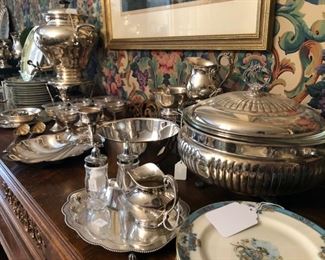 TONS of Silver Plate.. Chafing Dishes, Pitchers, Casserole and Footed Dishes, Coffee Pots and more.. Sheffield, International Silver, Rogers Bothers and Community to name a few..