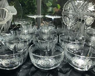 Some Cut Crystal to etched glass, Lalique, American Brilliant, Czech Crystal to Stuben and more.. Waterford Crystal glasses: Colleen, Marquis by Waterford, Tankard Mugs, Fluted Champagne Heart and others..