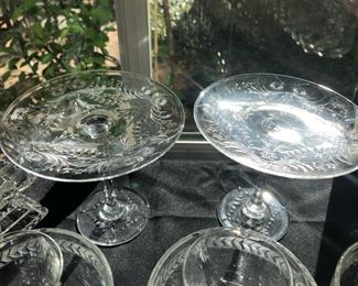 Some Cut Crystal to etched glass, Lalique, American Brilliant, Czech Crystal to Stuben and more.. Waterford Crystal glasses: Colleen, Marquis by Waterford, Tankard Mugs, Fluted Champagne Heart and others..