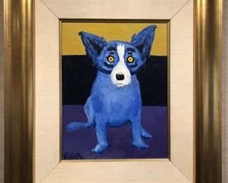 Original Blue Dog by George Rodrigue (Double signature) “Carmel” Acrylic on Canvas 14” x 11” dated 1991