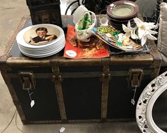 Old trunk, comics and ironstone. 