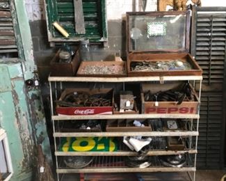 Metal bits and pieces.  Crystal prisms. 