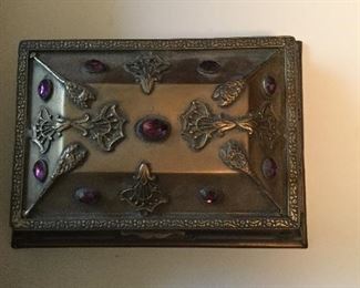 Bejeweled brass jewelry box for La Tausca pearls. pat 7/29/1924 