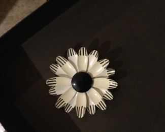 Vintage Made In Germany Black & White Enamel Flower Pin