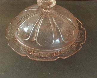 Pink Depression Cherry Blossom covered butter dish. 