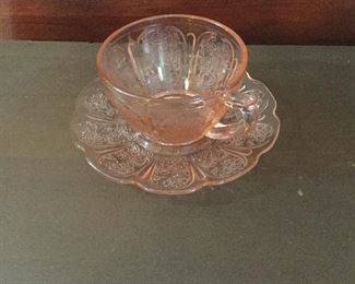Pink Depression Cherry Blossom cup and saucer.  There are 10 