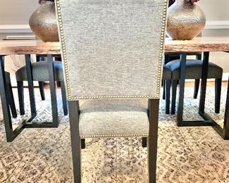 $300 each - Arhaus “Torino”  dining chairs with dark grey fabric and nailhead trim.  Ten available.  40"H x 19.5"W x 20"D  (seat height 19")