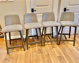 $800 for set of 4 Blu Dot gray fabric seat with gray wood leg bar stools. 34.5"H x 17.5"W x  17"D (seat height 24"H)