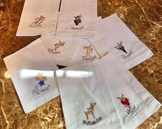 $30 - Pottery Barn reindeer cotton napkins (8) and matching cotton table runner.  Table runner  18"D x 90"W; napkins 20" x 20" (One napkin has slight stain) (AS IS)