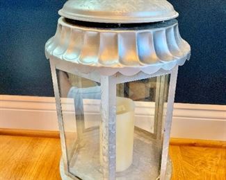 $40 - Pottery Barn hexagon shaped hurricane lantern with door and battery operated candle.  20"H x 9.5"D