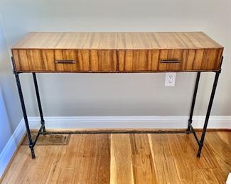 $595 - Arhaus two drawer wood and metal console , with metal hardware and wooden pulls. 33"H x 48"W x 14"D