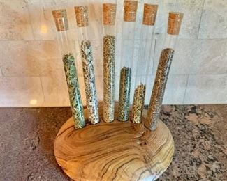 $40 - Spice Rack with Six test tube style containers on wooden base. Each test tube 8"H; base 8"D  