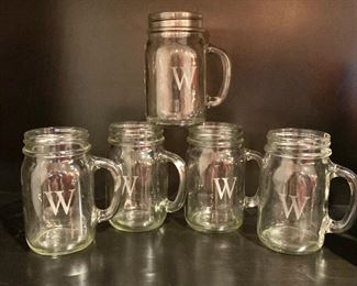 $10 each - Set of seven  glass handled mugs with etched "W" monogram . 5"H