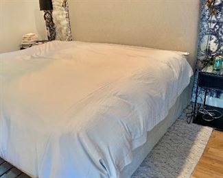 $995 - Restoration Hardware king size beige fabric bed frame - 68"H x 84"L x 76"W. Mattress not included.