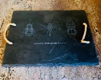 $25 - Slate cheese tray with rope handles, with insect detail. 15.5"W x 12"D 