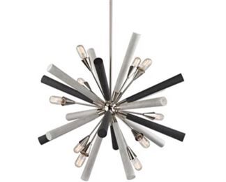 $550 - ELK Lighting “Solara” 8 light chandelier; polished nickel with black and gray spindles.   Approx 38” diameter.