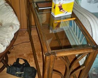 Vintage Rattan Sofa Table with Glass Top