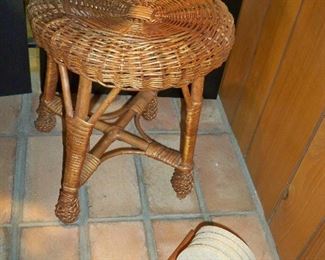 Wicker and Rattan Foot stool ; Set of 4 coasters in wood holder