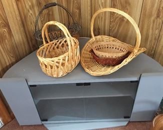 Baskets and TV stand.