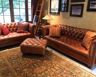 Arhaus Chesterfield Tufted Leather Sofa, Love Seat & Ottoman, Oriental Carpet / Rug