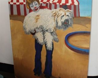 #6. $200.00. Painting clown holding shaggy dog signed N. Rapp 30” X 24”