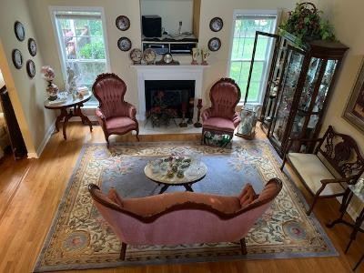 Elegant Victorian Sofa, Ladies/Gentleman's Chairs, Marble Top Tables... "Kimball brand furniture, Mahogany Wood, Excellent Condition... Area Rugs, Oval Marble Top Table, etc...