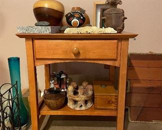 Wood vase - pottery vase -  early figurine - metalware dbl handle vase - dovetail Indian head coin box 