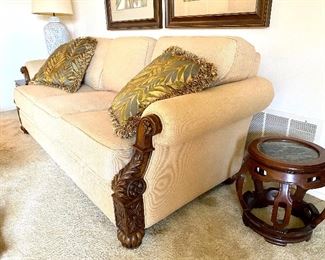 Tommy Bahama Style Carved Sofa, Woven Linen $500