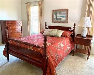 Vintage Willett Solid Wildwood Cherry Bedroom Set includes Queen/Full Bed, Dresser w/Mirror and Chest of Drawers. Some imperfections to dresser tops. $400     Side table shown is sold separately.