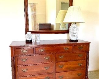 Vintage Willett Solid Wildwood Cherry Bedroom Set includes Queen/Full Bed, Dresser w/Mirror and Chest of Drawers. Some imperfections to dresser tops. $400