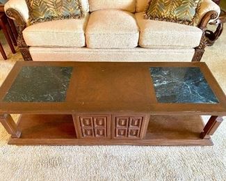 Ricardo Lynn 1970's Coffee Table with Two Green Marble Inlay Panels $150